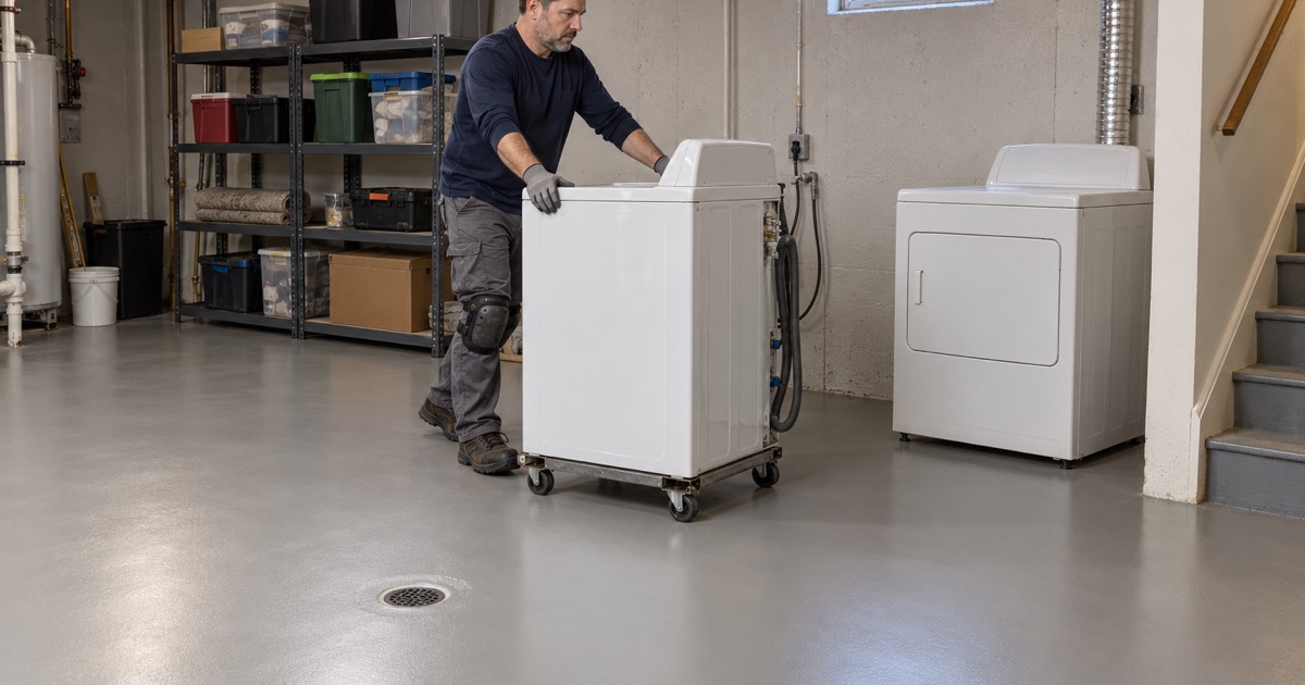 A washer rolled back into place on a new basement epoxy floor beside the floor drain in a Romeoville house.