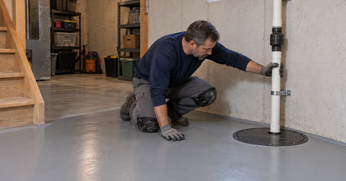 A new gray epoxy floor sealed tight to the rim of a sump basin in a Romeoville basement.