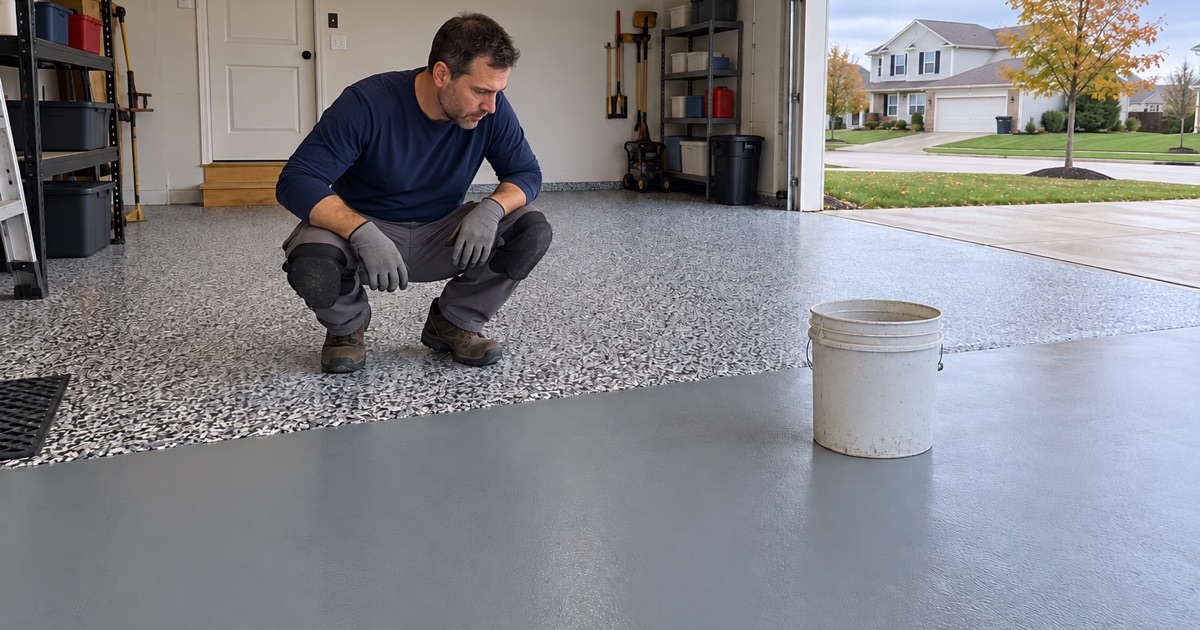 Dense gray, white and black flake meeting a solid gray base coat at the working edge of a Romeoville garage floor.