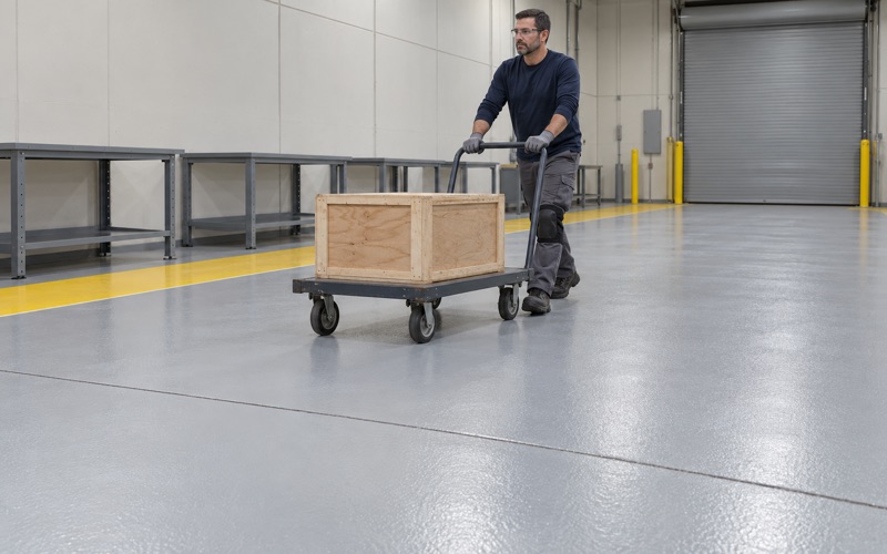 A platform cart wheeled across the new coated floor of a light manufacturing room in a Romeoville business park.