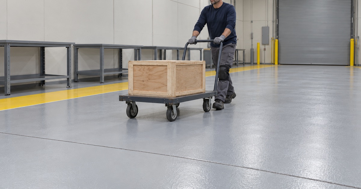 A platform cart wheeled across the new coated floor of a light manufacturing room in a Romeoville business park.