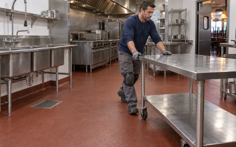 A stainless prep table rolled back over a new textured urethane cement floor and coved base in a Romeoville restaurant kitchen.
