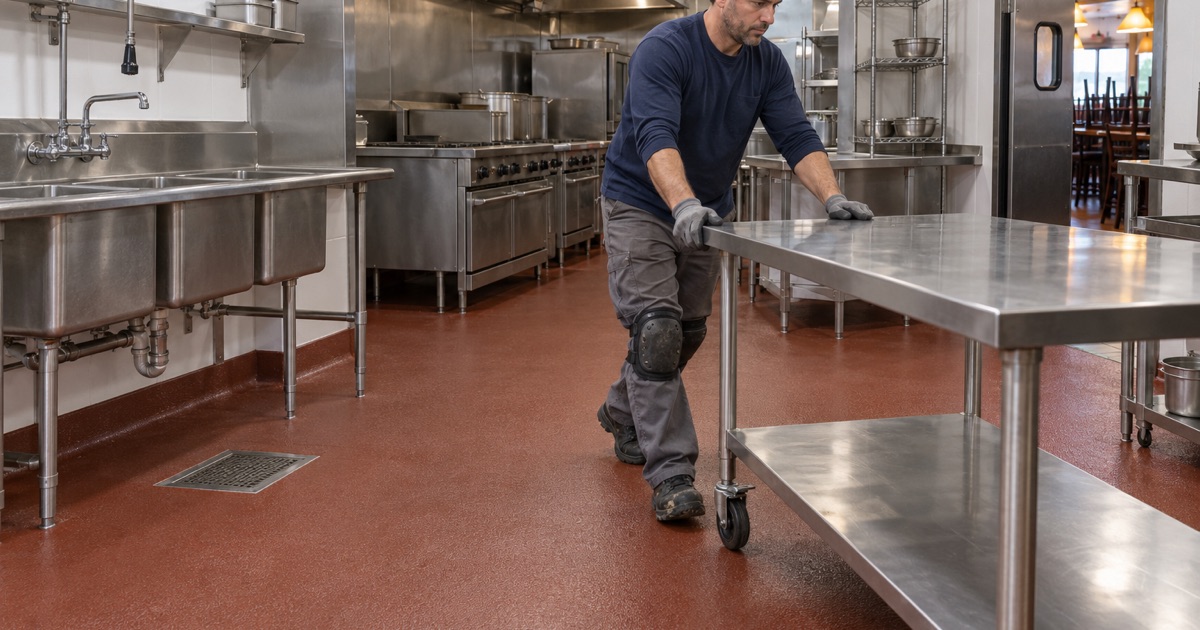 A stainless prep table rolled back over a new textured urethane cement floor and coved base in a Romeoville restaurant kitchen.