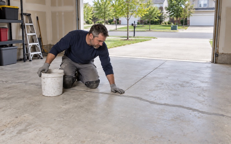 A cracked garage slab in Romeoville with its crack chased out and filled flush, ground level before coating.