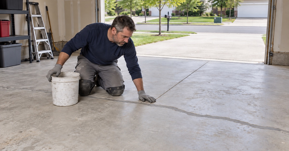 A cracked garage slab in Romeoville with its crack chased out and filled flush, ground level before coating.