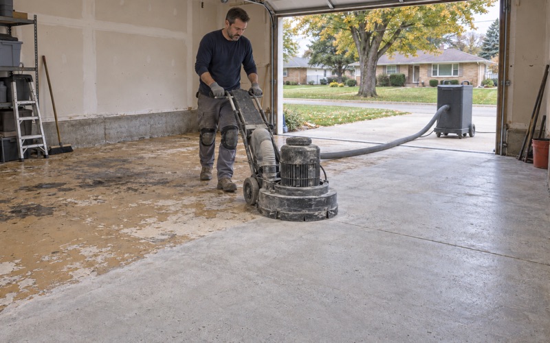 A planetary grinder opening up an old painted garage slab in Romeoville, half the floor ground to clean concrete.