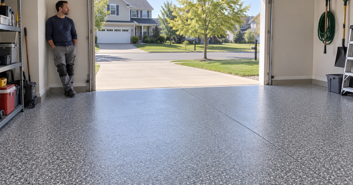 A finished flake garage floor in a Romeoville house on a bright morning, the installer standing by the open door.