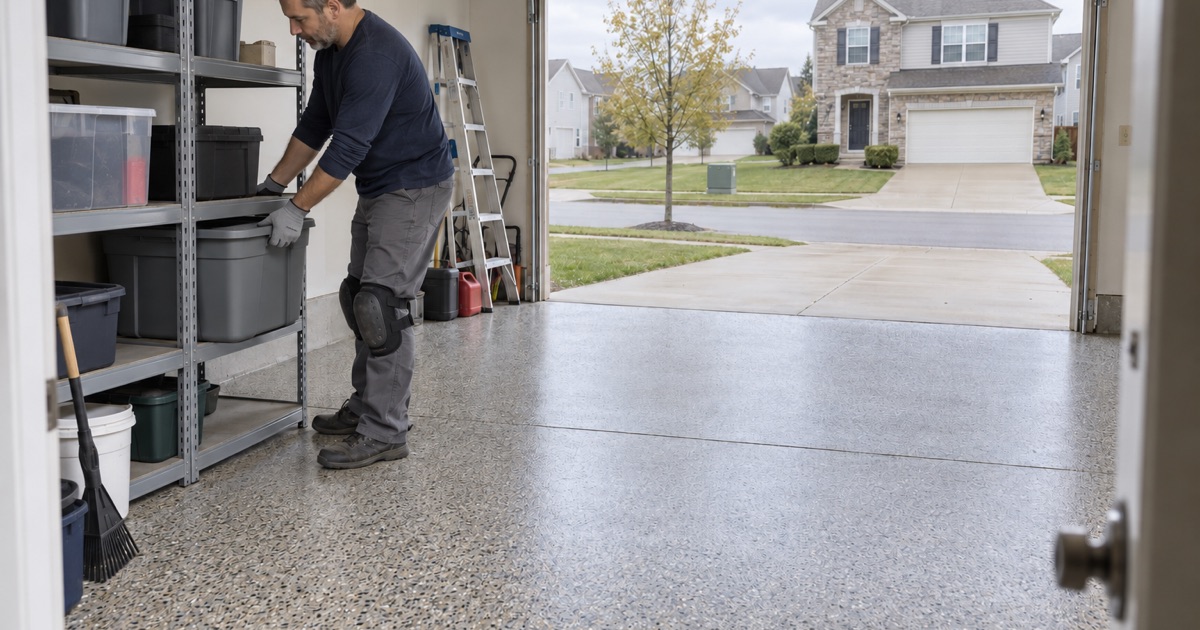 A finished gray, tan and black flake floor in the attached garage of a two-story Romeoville house, storage totes going back on the shelves.