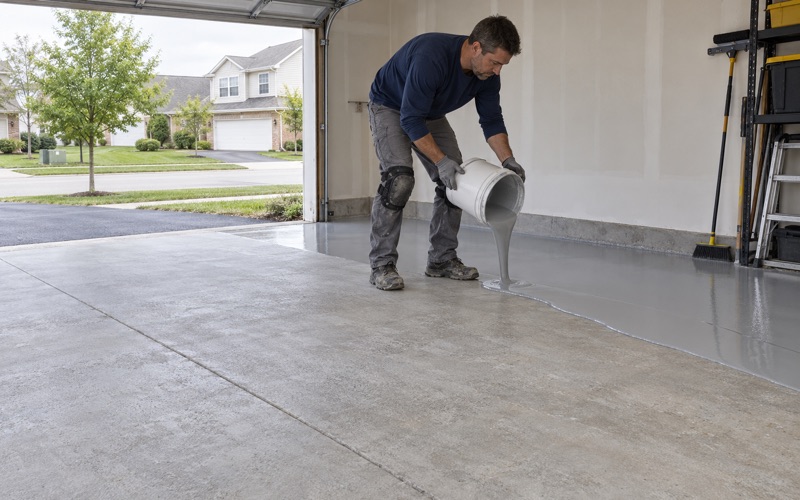 A ribbon of gray epoxy base coat poured onto a ground garage slab in Romeoville, ready to be spread.