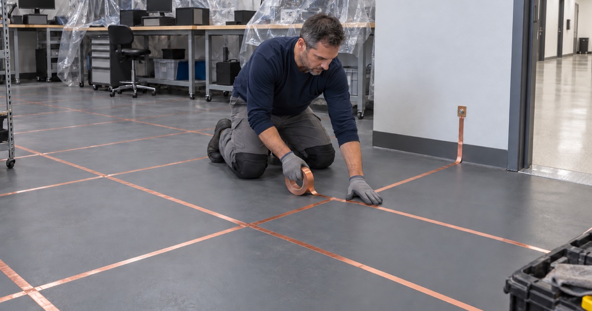 Copper grounding tape laid in a grid on the primed slab of an electronics room in Romeoville before the ESD coating.