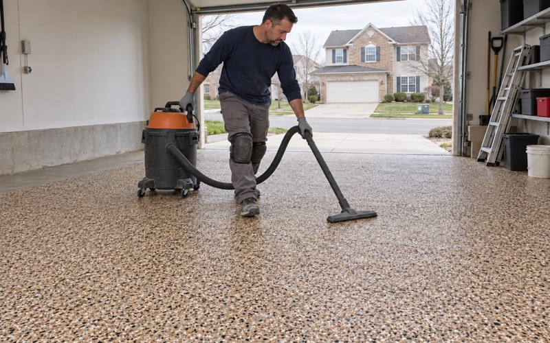 Loose excess flake being vacuumed off a fully broadcast garage floor in Romeoville before the topcoat.
