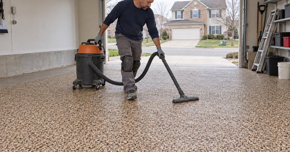 Loose excess flake being vacuumed off a fully broadcast garage floor in Romeoville before the topcoat.
