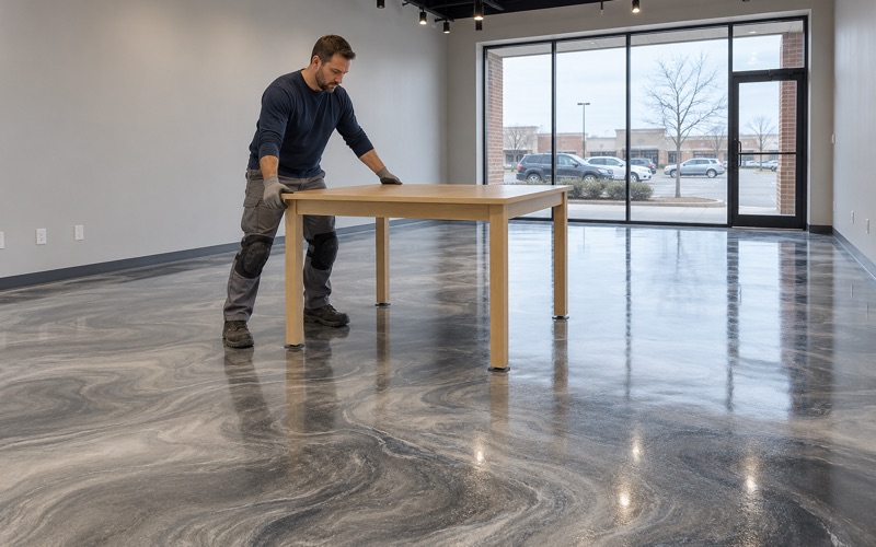 A display table set down on a finished silver and charcoal metallic epoxy floor in a Romeoville storefront.
