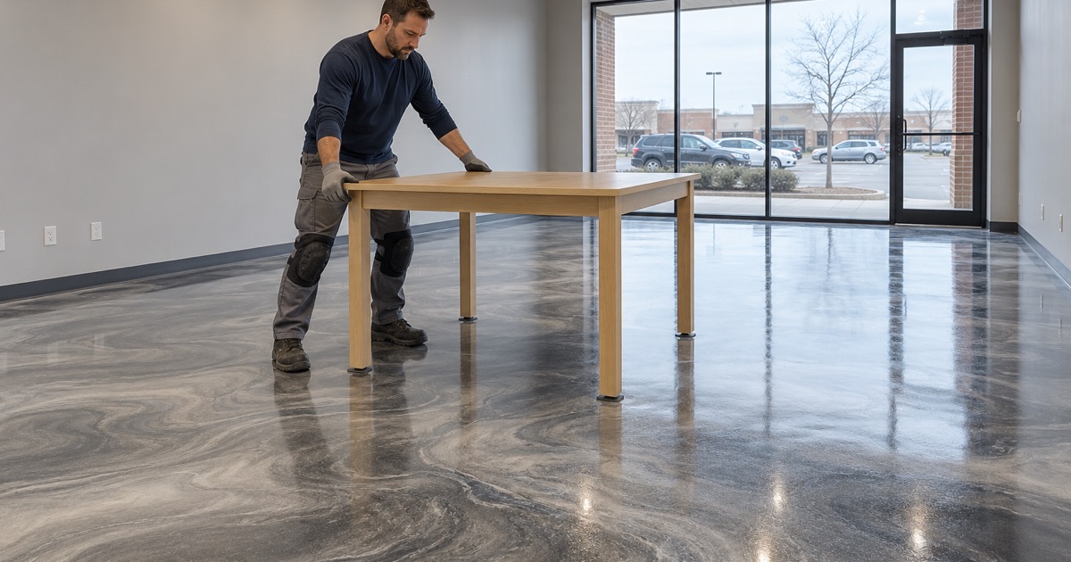 A display table set down on a finished silver and charcoal metallic epoxy floor in a Romeoville storefront.