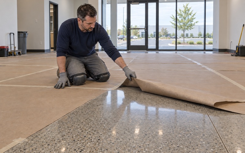 Protection board folded back off a newly polished concrete floor in the lobby of a Romeoville business-park building.