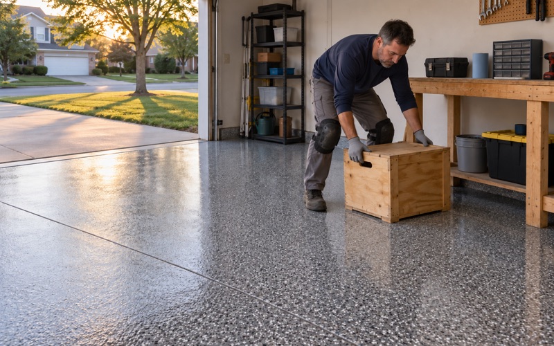 A storage crate set back down on a Romeoville garage floor the evening after its one-day polyaspartic coating.