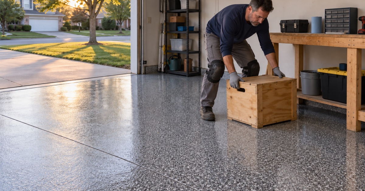 A storage crate set back down on a Romeoville garage floor the evening after its one-day polyaspartic coating.