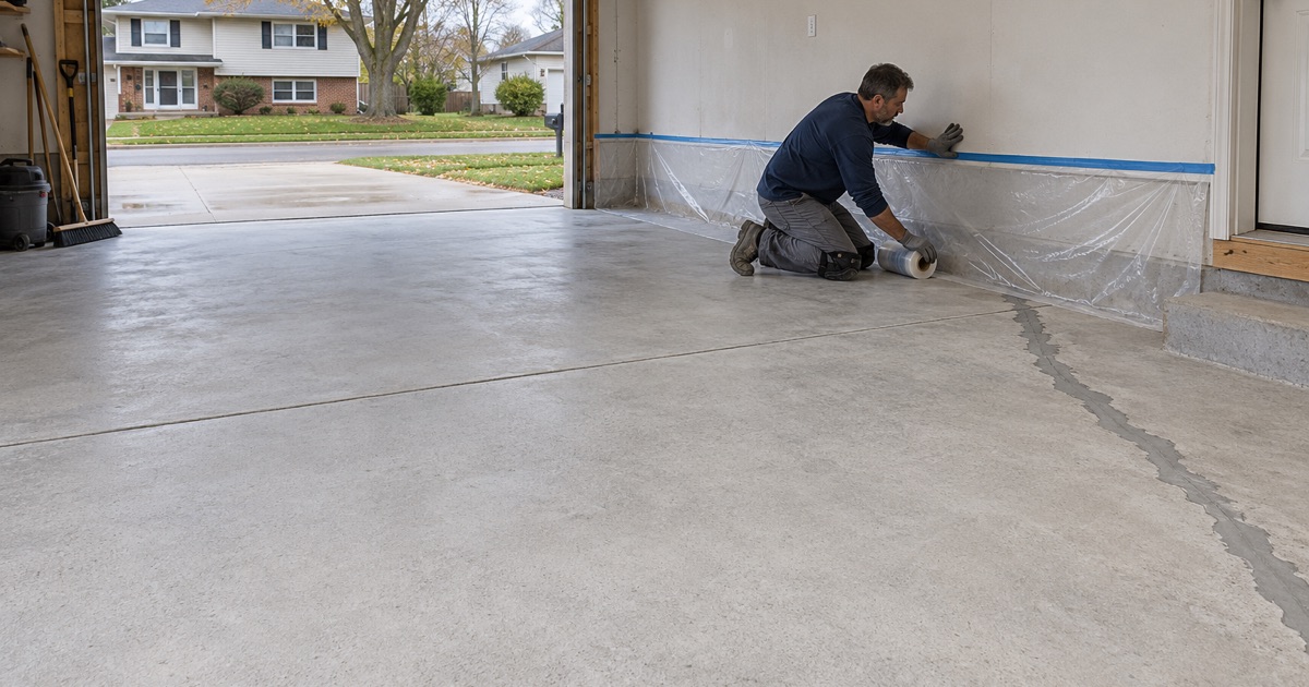 The bare, diamond-ground slab of a Romeoville split-level garage being masked off at the walls before the first coat.