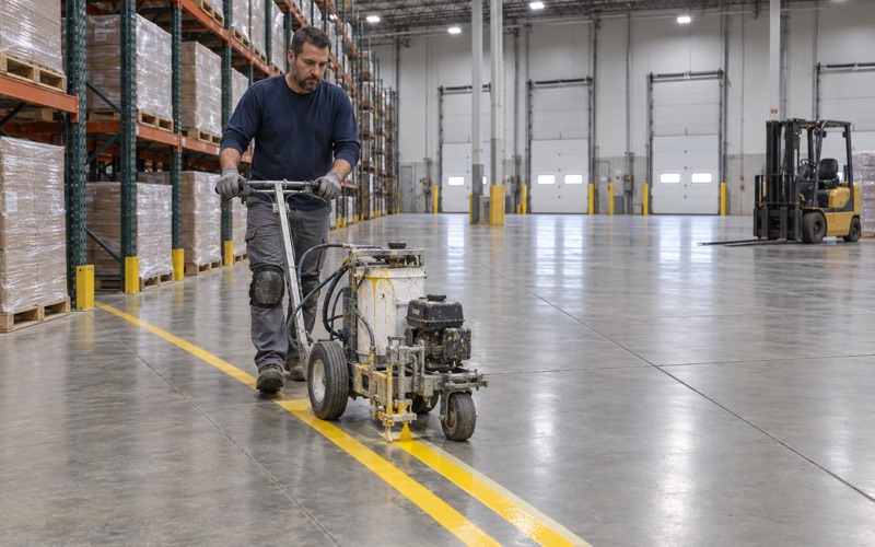 A walk-behind striper laying a yellow aisle line on the sealed floor of a Romeoville distribution warehouse.