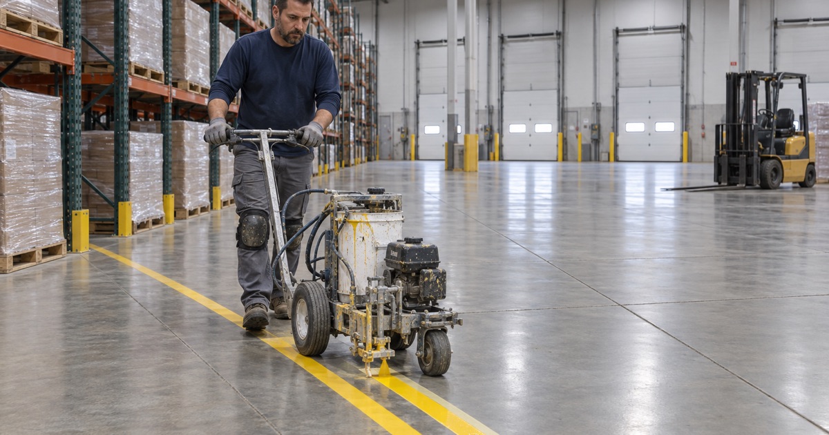 A walk-behind striper laying a yellow aisle line on the sealed floor of a Romeoville distribution warehouse.