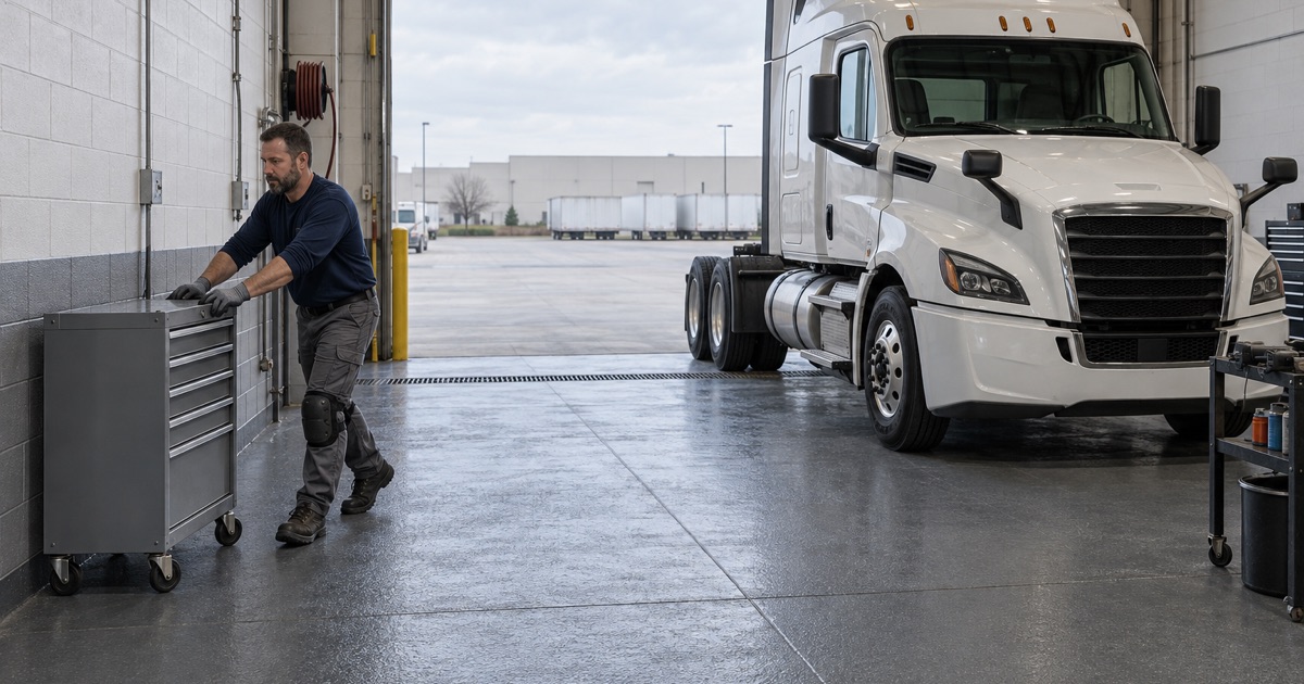 A rolling tool cabinet pushed back to the wall on the coated floor of a truck maintenance bay in a Romeoville distribution park.